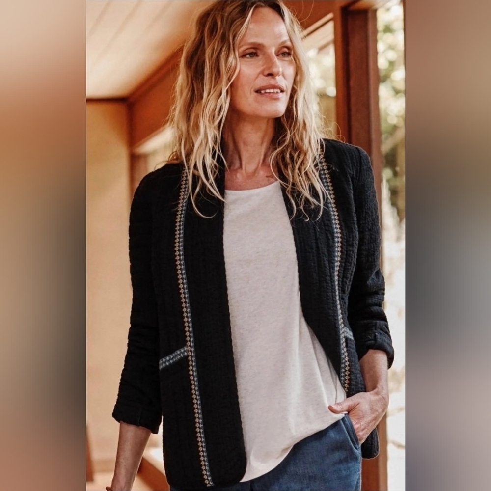 Pure J. Jill Pure Jill Seersucker Jacket Small Black Open Front Embroidered Boho